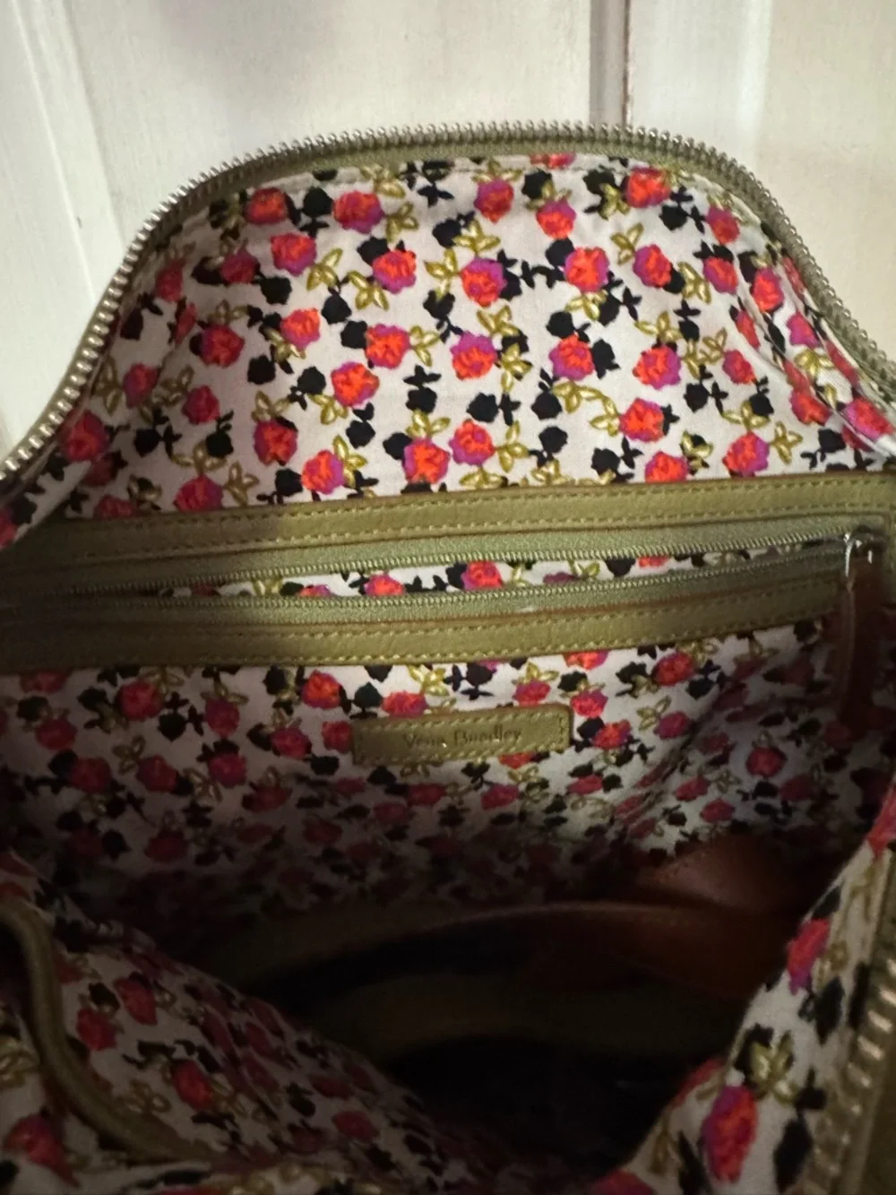 Vera Bradley Olive Leather Hobo Shoulder Bag with Brown Strap